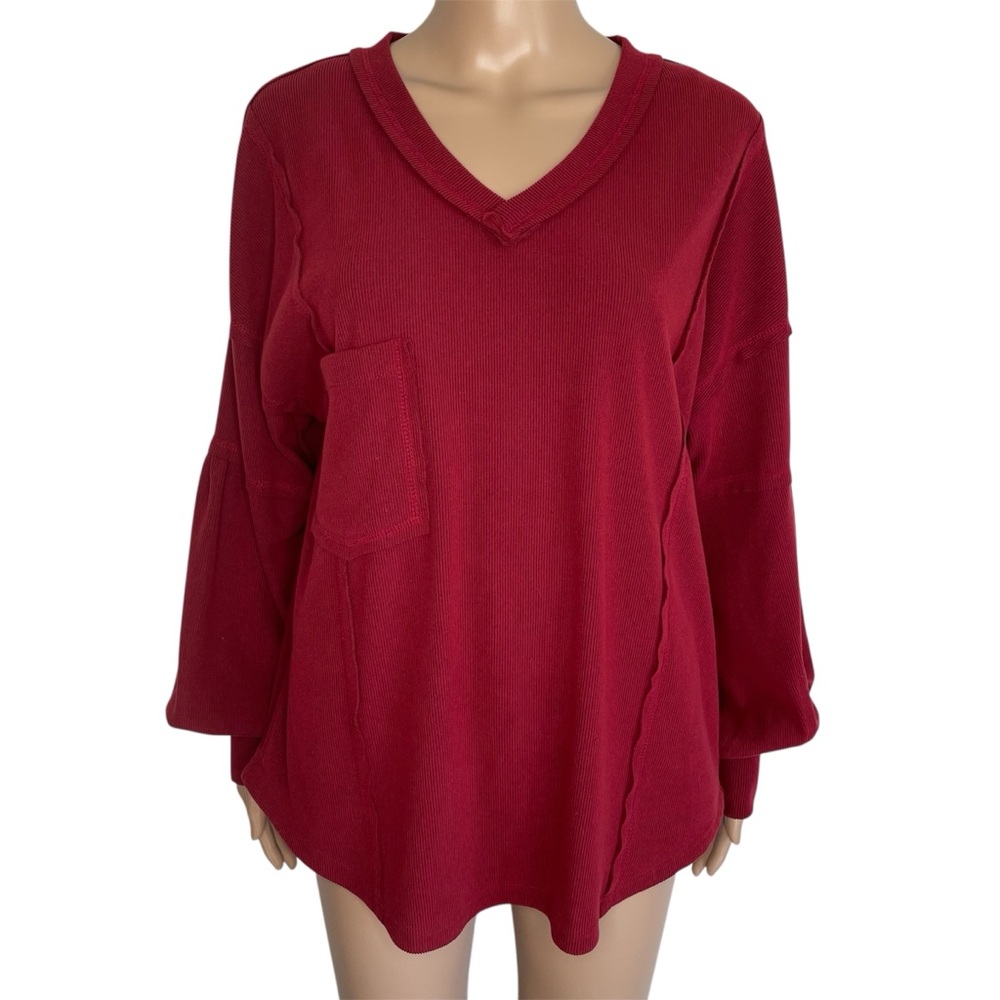 Women's V-Neck Pocket Sweater - Red